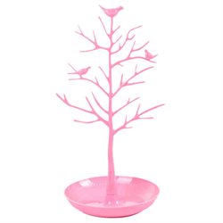 Smykkestativ "Træ med fugle" til øreringe, kæder m.m. Pink. 32 cm